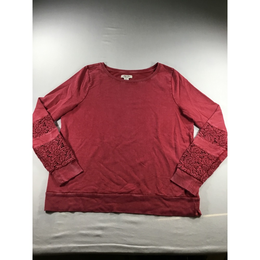 Lucky Lotus L Sweatshirt Cottage Red Pink Crochet Lace Sleeve Distressed Boho